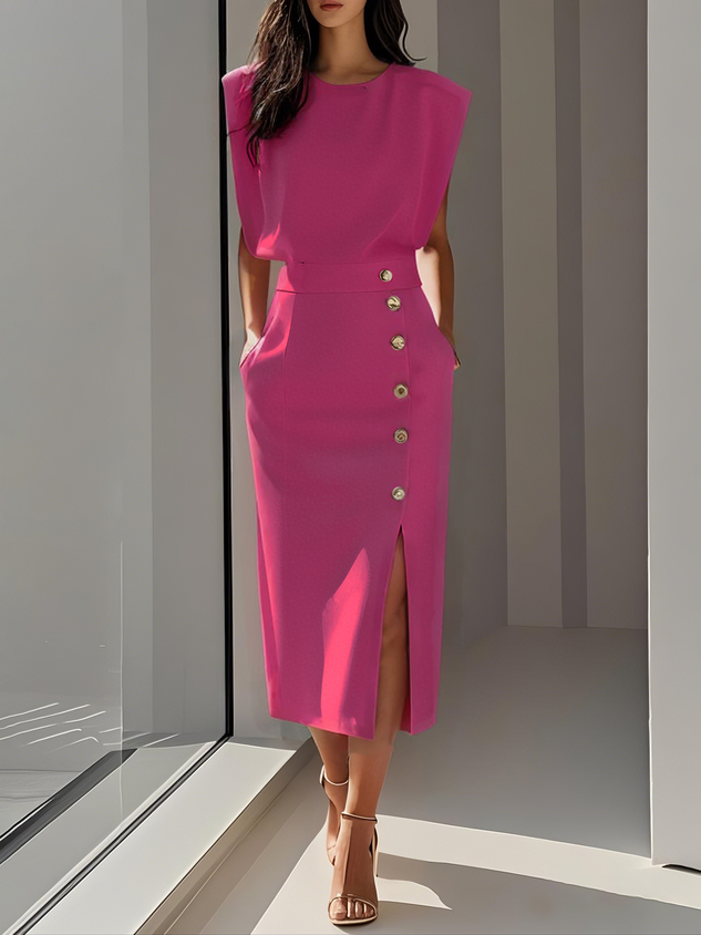 Malene™ | Robe midi unie avec fente à boutons et décolleté arrondi