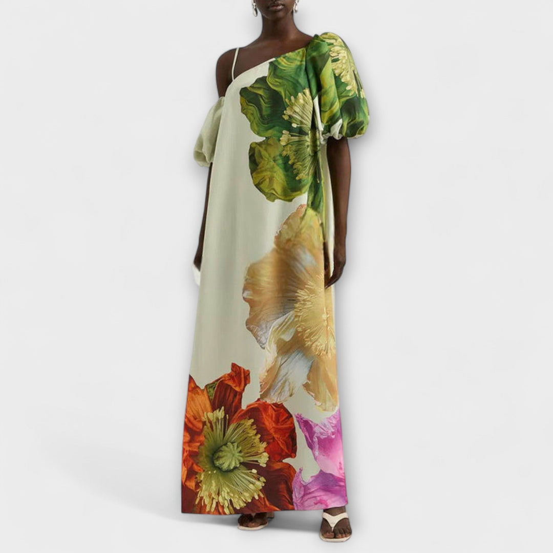 Skylar - Maxi robe à imprimé floral, décolleté asymétrique et manches bouffantes