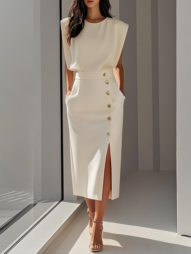 Malene™ | Robe midi unie avec fente à boutons et décolleté arrondi