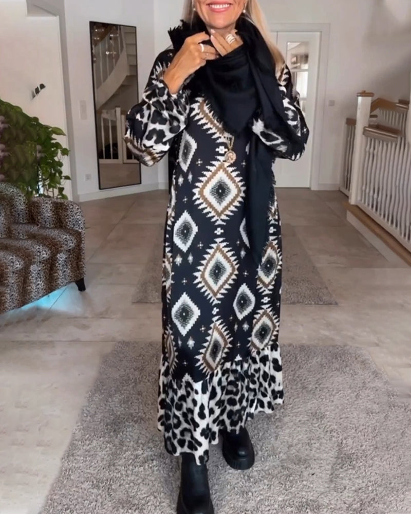 Frederique™ | Robe Longue à Manches avec Motif Géométrique