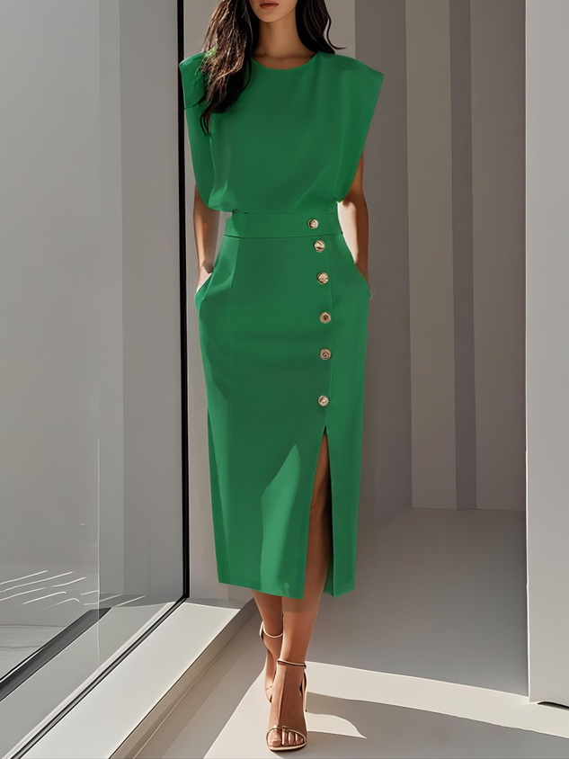 Malene™ | Robe midi unie avec fente à boutons et décolleté arrondi