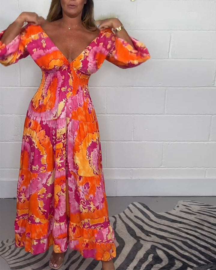 Élodie™ | Robe Maxi Colorée avec Décolleté en V Profond