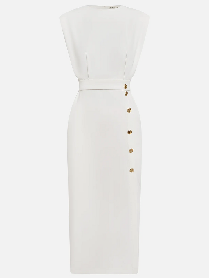 Malene™ | Robe midi unie avec fente à boutons et décolleté arrondi