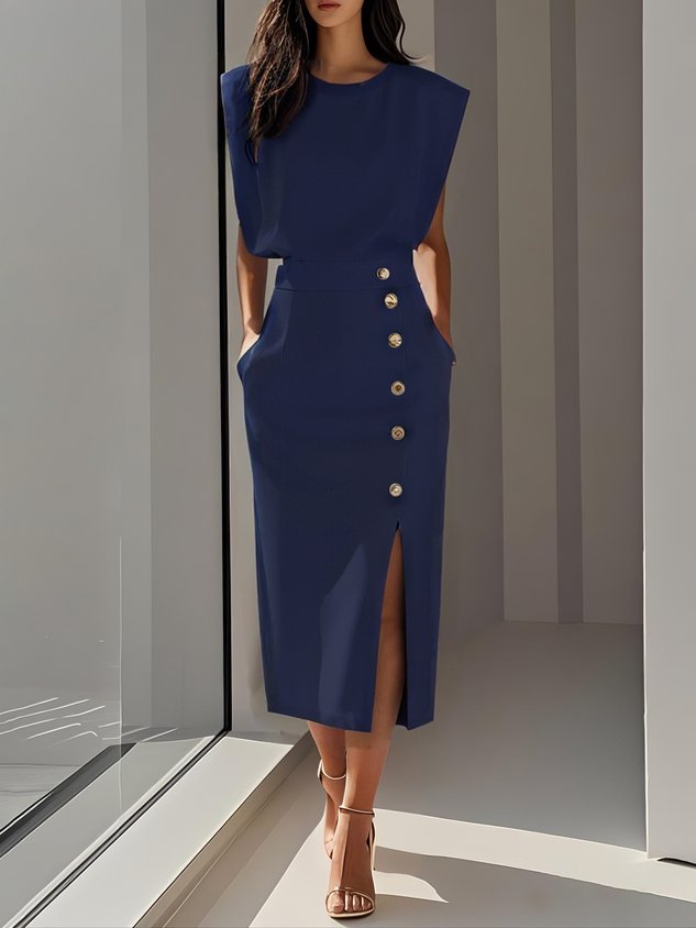Malene™ | Robe midi unie avec fente à boutons et décolleté arrondi